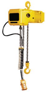 The Vestil Electric Chain Hoist 4000 Lb 1 Phase boasts a yellow motor, dual hooks at top and bottom, a handy control pendant with cable, and a sturdy chain with a vibrant yellow load hook.