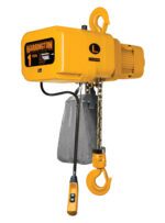 The Vestil Electric Chain Hoist 6000 Lb 3 Phase, comparable to the yellow Harrington electric chain hoist with a robust chain, hook, and black control unit, offers reliable heavy-duty lifting capacity for up to 1-ton.