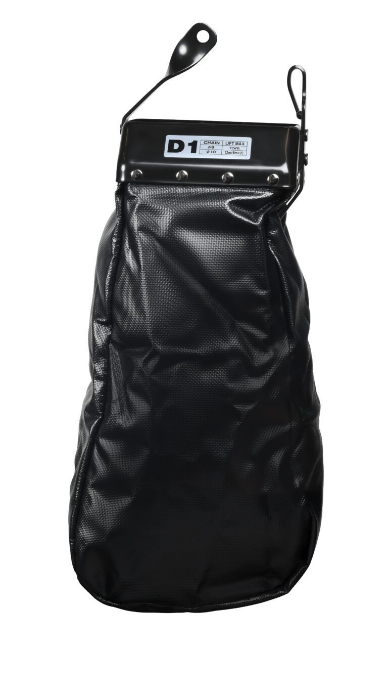 A black, heavy-duty punching bag with a reinforced top bracket for mounting, known for its durability similar to the Vestil Electric Chain Hoist-Chain Bag Container. It has a textured surface and features a D1 label, perfect for intense training sessions.