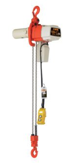 The Vestil Electric Chain Hoist-High Speed features a red and white motor housing, hanging chain, orange hook, and a yellow two-button control handle connected by a cable for efficient heavy lifting.