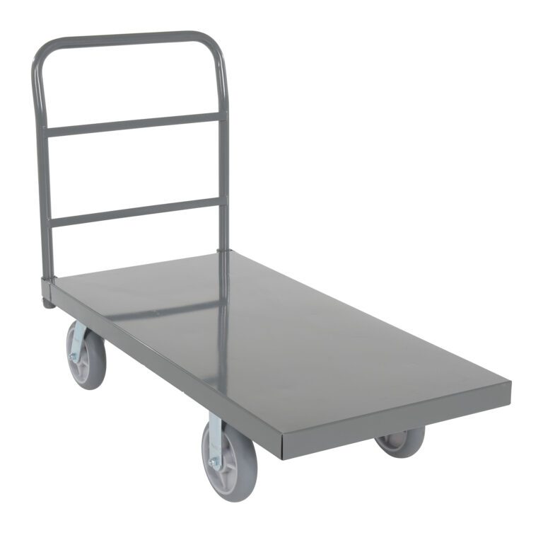 ECSPT-2448-C10D_A.jpg The Vestil Steel Platform Truck (Gray) features a sturdy metal base and vertical handle, supported by four durable wheels. Two are visible against a pristine white background.