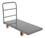 The Vestil Steel Platform Truck W/ 5X2 Poly (Orange) is a sturdy gray metal cart with an upright handle and four 5x2 poly orange wheels, perfect for industrial or warehouse use, making heavy item transport easy.