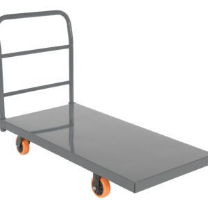 The Vestil Steel Platform Truck W/ 5X2 Poly (Orange) is a sturdy gray metal cart with an upright handle and four 5x2 poly orange wheels, perfect for industrial or warehouse use, making heavy item transport easy.