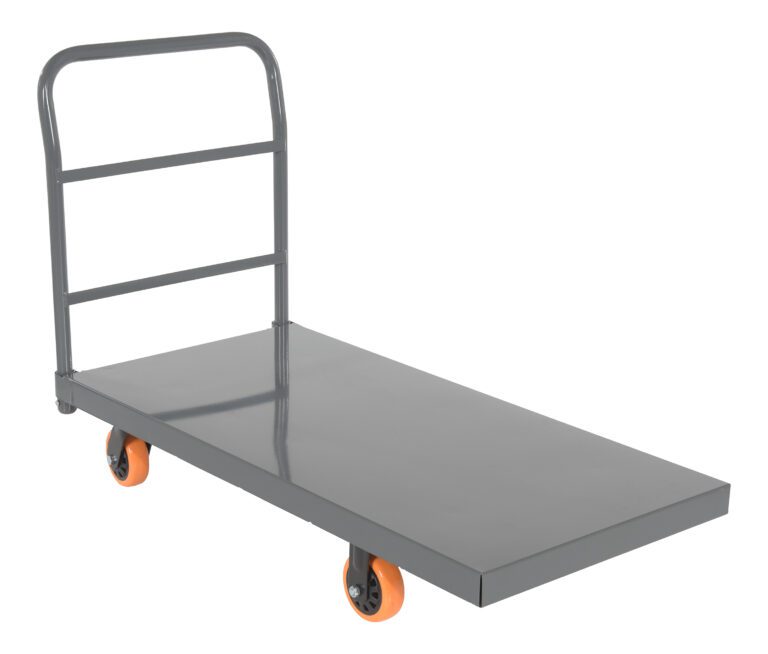 The Vestil Steel Platform Truck W/ 5X2 Poly (Orange) is a sturdy gray metal cart with an upright handle and four 5x2 poly orange wheels, perfect for industrial or warehouse use, making heavy item transport easy.