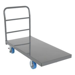 The Vestil Steel Platform Truck W/ 6X2 Poly (Blue) has a gray metal flatbed with a vertical handle and four vibrant blue wheels, ideal for transporting heavy items. Its durable poly design and spacious platform enhance its sturdy appeal.