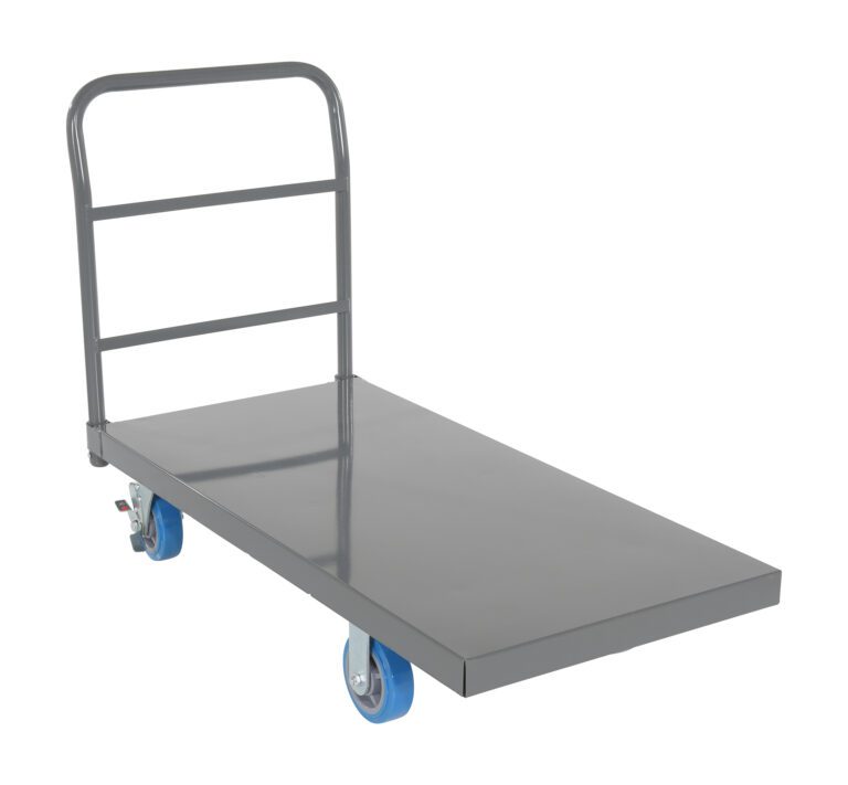 The Vestil Steel Platform Truck W/ 6X2 Poly (Blue) has a gray metal flatbed with a vertical handle and four vibrant blue wheels, ideal for transporting heavy items. Its durable poly design and spacious platform enhance its sturdy appeal.