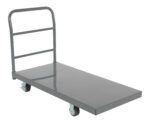 The Vestil Steel Platform Truck W/ 4X2 Mold On Rubber, featuring a durable metal frame, flatbed surface, and convenient handle, is ideal for transporting heavy objects with ease.