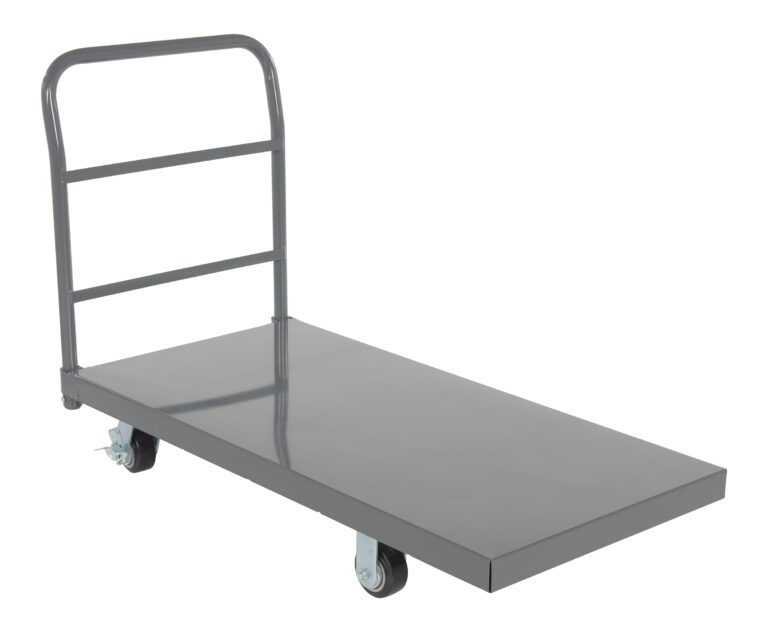 ECSPT-2448-C27A_A.jpg The Vestil Steel Platform Truck W/ 4X2 Mold On Rubber, featuring a durable metal frame, flatbed surface, and convenient handle, is ideal for transporting heavy objects with ease.