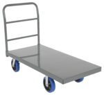 The Vestil Steel Platform Truck with 8X2 elastic rubber wheels and a vertical handlebar is ideal for moving heavy items. Its silver metal dolly features a rectangular platform with both fixed and swiveling blue wheels, ensuring easy maneuverability.