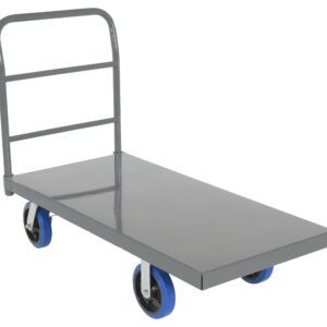 The Vestil Steel Platform Truck with 8X2 elastic rubber wheels and a vertical handlebar is ideal for moving heavy items. Its silver metal dolly features a rectangular platform with both fixed and swiveling blue wheels, ensuring easy maneuverability.
