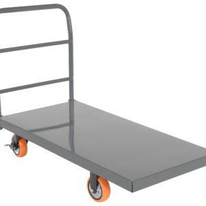 The Vestil Steel Platform Truck W/ 6X2 Poly (Orange) has a gray flatbed, vertical handle, and robust metal frame for heavy item transport. The vibrant orange wheels offer smooth maneuverability.