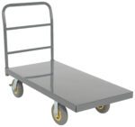 The Vestil Steel Platform Truck W/ 8X2 Flat-Free (Gray) features a simple design with a gray flatbed, black wheels with yellow rims, and a sturdy vertical handlebar for easy pushing or pulling.