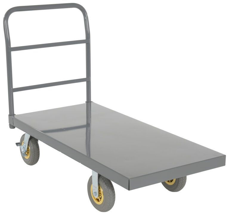 ECSPT-2448-C9D_A.jpg The Vestil Steel Platform Truck W/ 8X2 Flat-Free (Gray) features a simple design with a gray flatbed, black wheels with yellow rims, and a sturdy vertical handlebar for easy pushing or pulling.