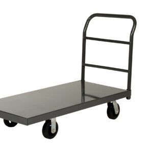 The Vestil Steel Platform Truck 24 x 48 is a black flatbed dolly featuring four wheels and a vertical handle, designed for easy maneuvering. Its sturdy rectangular build efficiently transports heavy items.