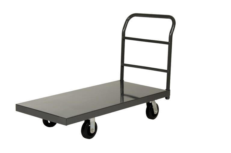 The Vestil Steel Platform Truck, 24 x 60, features a rectangular base and vertical handlebar for easy transport of heavy items on its four black wheels. Its simple yet sturdy design with a smooth surface and durable frame ensures reliable use.