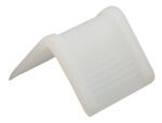 A close-up shows a white, L-shaped corner protector from the Vestil Plastic Edge Guards 1000 Pcs 1X1.25 collection, created to cover and shield sharp corners for safety. It features a smooth texture with subtle ridges.
