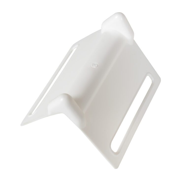 EDGE-P5_A.jpg The Vestil Plastic Edge Guards 100 Pcs feature a white V-shaped design with rounded corners and two side slits for easy mounting, measuring 5.18 x 4.25, and provide durable, versatile wall protection.