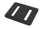 A black rectangular plastic buckle with two vertical slots for threading straps or belts complements the Vestil Rubber Edge Guards 5 X 6 pack of 100. Its surface is smooth, slightly reflective, and shows minor light scuff marks.
