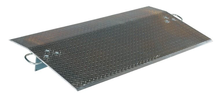 The Vestil Aluminum Econo Dockplate 1/2 7.8K 60X30 features a diamond plate surface and raised edges for wheeled access, handles on both sides, supports up to 7.8K pounds, and offers a slight incline for easy use.