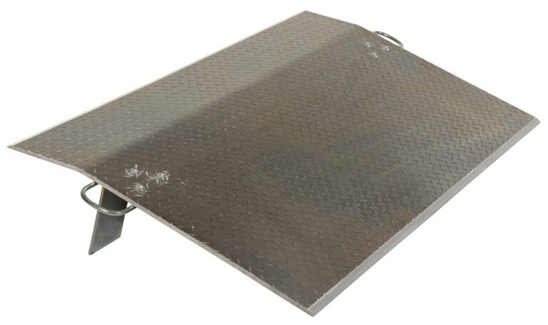 The Vestil Aluminum Econo Dockplate features a diamond plate surface, side handles, and an elevated end. Measuring 60x36, it can support up to 6.6K for efficient loading tasks.