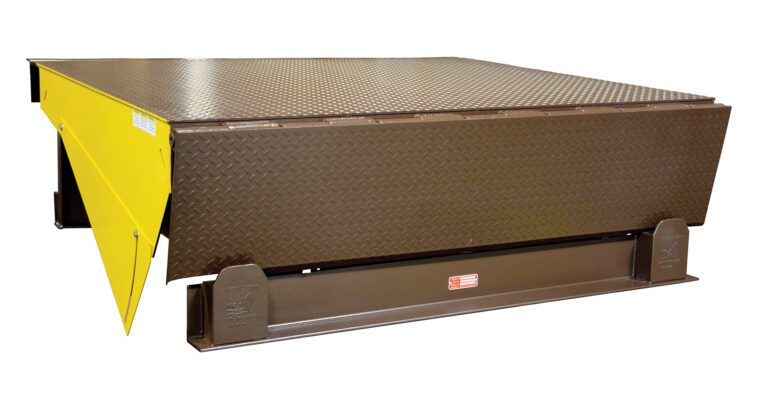 The Vestil Electric Hydraulic Dockleveler 50K 6X6Ft, with its metal build, yellow lip, and diamond plate surface, expertly connects docks to trucks for efficient loading and unloading.