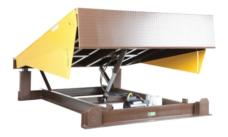 A Vestil Electric Hydraulic Dockleveler 20K 6X8Ft is displayed with a brown base and bright yellow sides. The platform is raised, exposing the hydraulic system underneath, while its textured surface enhances safety and efficiency in use.