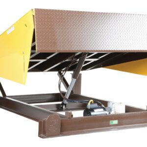 A Vestil Electric Hydraulic Dockleveler 20K 6X8Ft is displayed with a brown base and bright yellow sides. The platform is raised, exposing the hydraulic system underneath, while its textured surface enhances safety and efficiency in use.