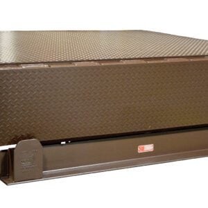 A side view shows the yellow and brown Vestil Electric Hydraulic Dockleveler 35K 6X8Ft, featuring a diamond plate surface and robust metal construction to efficiently bridge a loading dock and truck.