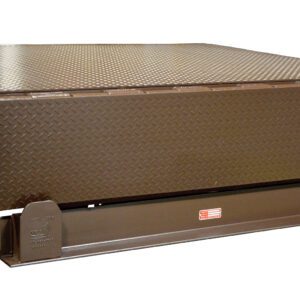 The Vestil Electric Hydraulic Dockleveler 50K 6X8Ft features a diamond plate platform, yellow side panel, and brown base, providing a heavy-duty solution to seamlessly connect loading docks and trucks for efficient loading and unloading.