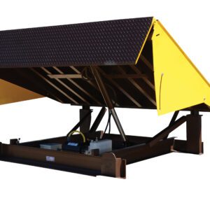 The Vestil Electric Hydraulic Dockleveler 20K7X10Ft has a raised, textured platform with yellow safety sides, perfect for loading and unloading trucks at docks. The sturdy base frame is visible beneath it.