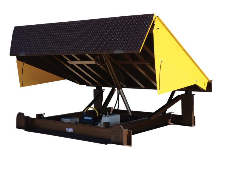 EH-710-25_A.jpg The Vestil Electric Hydraulic Dockleveler 25K7X10Ft, with a yellow and black platform, is partially raised and features a textured surface with sturdy beams. Its design enhances truck loading efficiency against a crisp white background.
