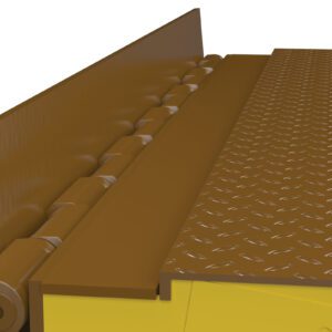 A brown industrial hinge connects two metal surfaces, with a foreground featuring a diamond plate pattern for grip, akin to the Vestil Roll Off Guard Option for Elec/Hyd Dock Levelers. The smooth background surface is firmly fastened by this sturdy mechanism.