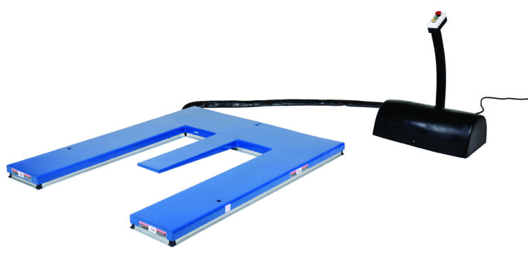 The blue pallet scale features a U-shaped design and is paired with a black digital control unit on a curved stand with buttons. Its flat surface is perfect for weighing, akin to the Vestil E Type Electric Lift Table with 3K capacity, and is connected via cable.