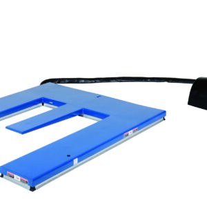 The blue pallet scale features a U-shaped design and is paired with a black digital control unit on a curved stand with buttons. Its flat surface is perfect for weighing, akin to the Vestil E Type Electric Lift Table with 3K capacity, and is connected via cable.
