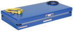 The Vestil Electric Hydraulic Lift Table 2K 24X48 has a sleek blue rectangular design, a yellow control pendant with buttons and coiled cord on top, and a nearby black cable coil. Safety is ensured with several warning labels on its surface.