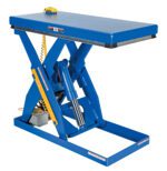 The Vestil Electric Hydraulic Lift Table 3K 24X48 includes a blue scissor mechanism with a flat rectangular top and sturdy frame, plus a yellow control unit connected by coiled cord for enhanced functionality.