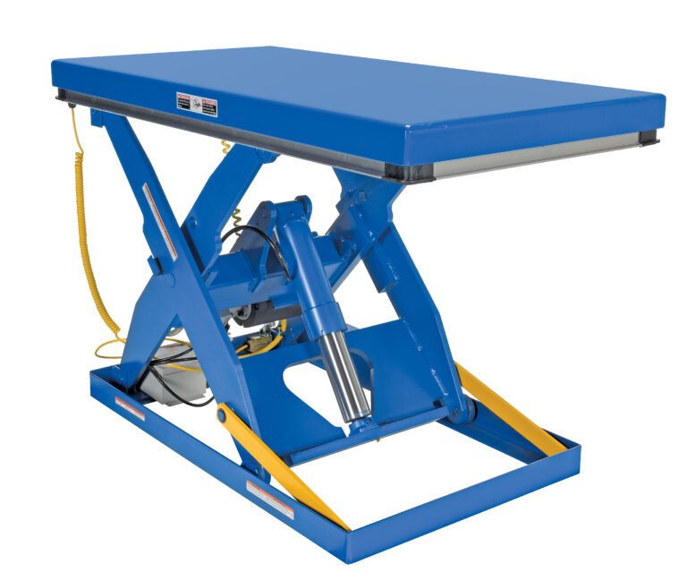 The Vestil Electric Hydraulic Lift Table 3K 30X60 features a blue scissor lift with a rectangular platform, yellow safety edges, and is powered by a compact electric motor. It is shown raised on a white background.