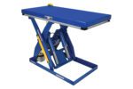 The Vestil Electric Hydraulic Lift Table 4K 30X60 has a blue rectangular platform and an X shaped support. It includes hydraulic components and a side control mechanism, ensuring efficiency and reliability.