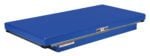 A rectangular, blue gymnastics mat with black bottom trim and safety labels on the side. Thick and gym-friendly, it complements setups featuring equipment like the Vestil Electric Hydraulic Lift Table 2K 30X72.
