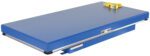 The Vestil Electric Hydraulic Lift Table 5K 36X72 has a blue flat surface with rounded corners and a yellow top control panel, ideal for heavy-duty lifting and handling.