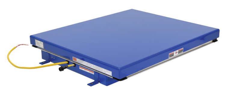 A blue industrial platform scale resembles the Vestil Electric Hydraulic Lift Table 3K 40X48 with its rectangular design, yellow side cable, numerous warning labels, and a secure metal base featuring mounting brackets.