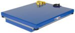 The blue Vestil Electric Hydraulic Lift Table 4K 40X48 includes a yellow control unit and black power cord, designed for heavy-duty tasks with its flat rectangular surface.