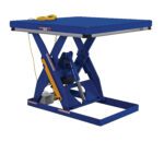 The Vestil Electric Hydraulic Lift Table 1K 48X48 includes a blue hydraulic scissor lift and a yellow control pendant on a durable base, ideal for heavy-duty work. Its flat top can be partially raised for efficient task handling.