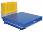 The Vestil Elect Hydraulic Lift Table 10K 48X48 features a blue industrial platform and a yellow-and-gray rear hydraulic power unit, perfect for managing heavy loads in warehouses or industrial settings.