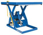 The Vestil Electric Hydraulic Lift Table 2K 48X48 includes a blue platform with a scissor lift mechanism and a yellow cable connected to the control unit, ensuring efficient operation for various tasks.