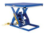 The Vestil Electric Hydraulic Lift Table 3K 48X48 comes in blue with a flat top and strong hydraulic mechanism, featuring a yellow control panel with a coiled cable and safety labels for secure use.