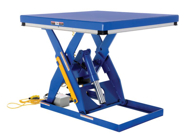 EHLT-4848-3-43_A.jpg The Vestil Electric Hydraulic Lift Table 3K 48X48 includes a blue square platform, yellow control pendant, hydraulic cylinders, and vital safety features. Its ideal for industrial use with a stationary, wheel-free metal base.