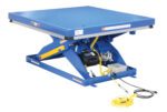The Vestil Electric Hydraulic Lift Table 4K 48X48 has a blue platform, sturdy scissor steel supports, a visible motor and control box, and a yellow spiral cable with a ground control pendant for easy height adjustment.