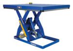 The Vestil Electric Hydraulic Lift Table 2K 48X60, featuring a sturdy blue design and robust hydraulic mechanisms, is ideal for industrial use. Its large rectangular platform (48x60) and solid metal supports ensure reliable lifting and transport of heavy loads.