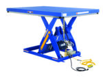 The Vestil Electric Hydraulic Lift Table 2K 48X72 is designed in blue with an X-shaped support and features an attached motor with coiled cables. Its rectangular tabletop contrasts the white background, showcasing its sturdy design.